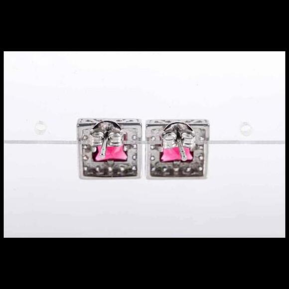 925 Sterling Silver Quality Simulated Rubies And CZ Stud Earrings - Picture 5 of 6